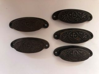 Set Of 5 Antique Eastlake Cast Iron Victorian Drawer Handle Pulls Pat 1873