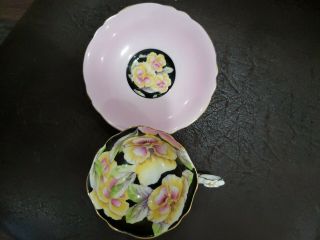 Vintage Paragon Pansy On Black With Pink Surrounding Cup And Saucer