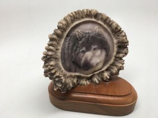 Vintage Mill Creek Studios Wolf Plaque Sculpture Mounted On Wood Base