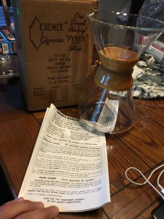 Vintage 9 1/2 " Chemex Pour Over Coffee Maker Pyrex Quart W/ Box Handblown