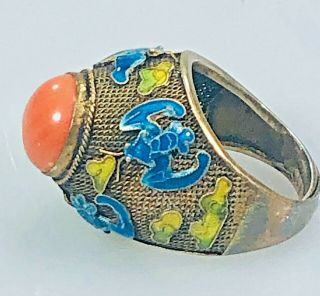 Vintage Chinese Coral And Blue Enamel Ring