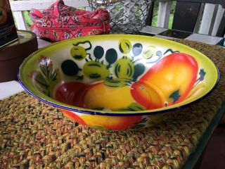 Vintage 12 " Enamelware Vibrant Colorful Fruit Pattern Bowl Delightful