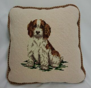 Cocker Spaniel Puppy Dog Needlepoint Decorative Throw Pillow 14 X 14 Beige Plaid