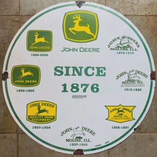 Enamel Sign Since 1876 John Deere Moline Ill.  Vintage Porcelain 30 Inches Round