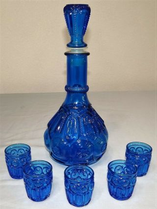 Vtg L.  E.  Smith Moon & Stars Blue Liquor Decanter Bottle & 5 Shot Glasses Set
