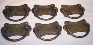 Set Of 6 Antique Solid Brass Drop Handle Drawer Pulls