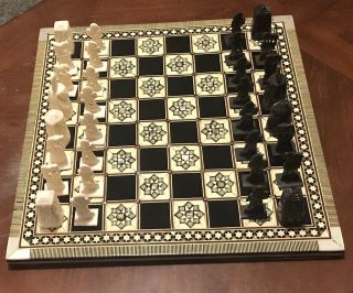 Vintage 1999 Egyptian Mosaic Carved Ivory Bone Chess Piece Wood Board Game Set 2