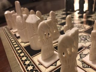 Vintage 1999 Egyptian Mosaic Carved Ivory Bone Chess Piece Wood Board Game Set 3