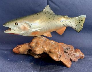 Vintage Big Sky Carvers Carved Wood Fish Trout Burl Wood Base Artist B.  Neal
