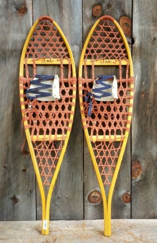 Vintage Ll Bean Wooden Snowshoes 48 " X 13 " With Bindings