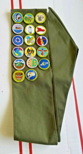 Vintage Bsa Boy Scout America Merit Badge Sash With 17 Badges Large Sz