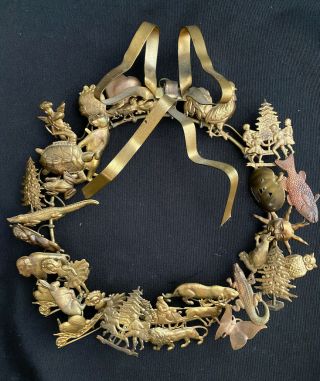 Vintage 10 - 1/2 " Dresden Petites Choses Brass Holiday Christmas Animals Wreath