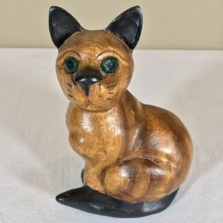 Vintage Wood Wooden Carved Siamese Cat Kitten Green Eyes Figurine Statue