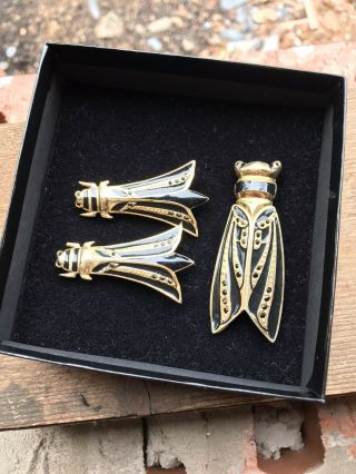 Vintage 1980s Butler & Wilson Black/ Gold Cicada Brooch And Earrings - Signed