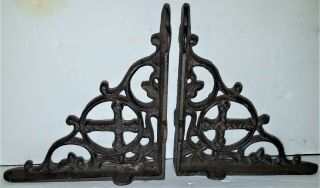2 Antique - Vintage Ornate Cast Iron Shelf Brackets With Cross On Them