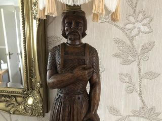 Old Vintage Antique Arts Craft Oak Carved Roman Soldier Table Lamp Shade