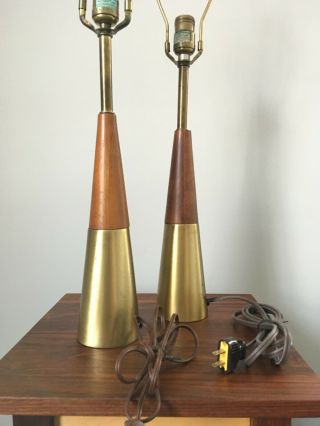 Vintage Mid Century Modern Swedish Brass And Solid Walnut Pair Table Lamps