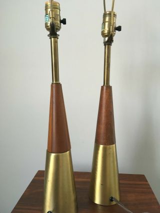 Vintage Mid Century Modern Swedish Brass and Solid Walnut Pair Table Lamps 2