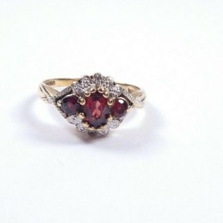 Garnet And Diamond Ring 9 Carat Gold Vintage Size P1/2 2.  4grams
