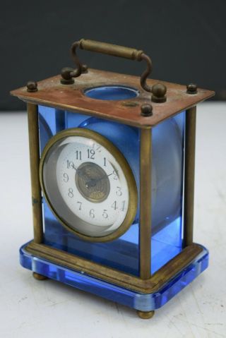 Vintage C.  1920s Blue Glass/ Brass Single Train Mechanical Carriage Clock