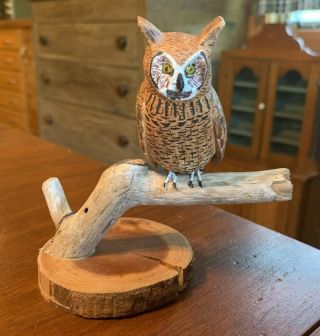 Carved Wood Horned Owl Figure Signed Lfg Newmarket,  Hampshire Nh 1998