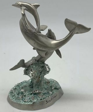 1993 Sedlow Masterworks Fine Pewter Dolphins Jumping Out Of Water 5”