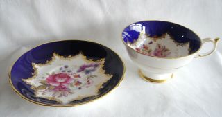 Vintage Paragon English Flowers Cup & Saucer - Cobalt Blue And Gold Gilding