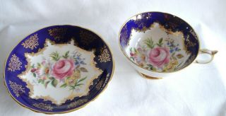 Vintage Paragon English Flowers Cup & Saucer - Cobalt Blue And Gold R3782/8