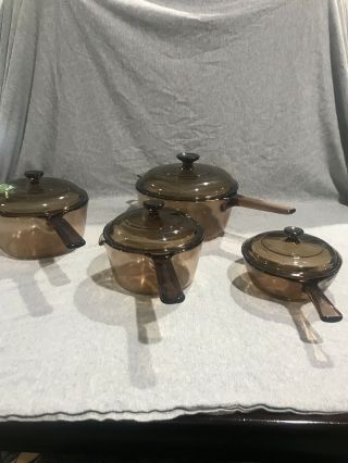 Vintage Corning Pyrex Vision Ware Amber Glass Cookware Pots 8 Piece Set