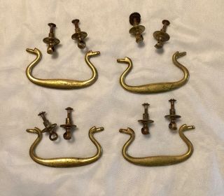 4 Antique Solid Brass Drop Bail Drawer Pulls,  3in Cc,  With Rosettes & Screws
