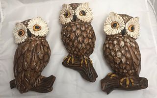 Vintage Wall Hanging 3 Ceramic Owls Retro 1970s Hand Painted