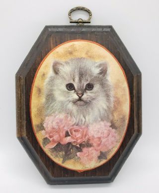 Vintage Cat Wall Hanging White Cat Pink Roses Wood Home Decor Decoration 5 " X 6 "