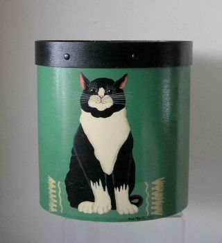 Folk Art Hand Painted Sitting Cat On Wood Waste Basket Container By Sue Martin