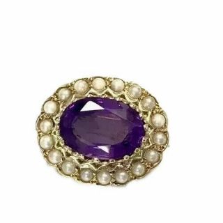 Vintage 9ct Gold Faceted Purple Amethyst & Half Pearl Brooch - Gift Boxed