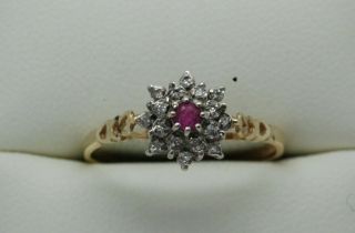 Vintage 9ct Gold Ruby And Diamond Cluster Ring - Size O