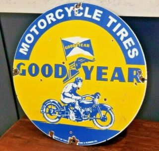 Vintage Goodyear Motorcycle Tires Porcelain Gas Station Pump Plate Harley Sign
