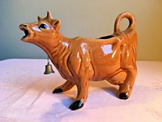 Vintage Ceramic Brown Cow Creamer With Bell Made In Japan