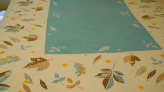 Vtg Mcm California Hand Prints Tablecloth Aqua Mosaic Leaves Turquoise