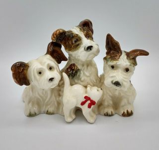 Vtg Porcelain Brown White Scottish Terrier Scottie Dog Figurines With Cat Japan