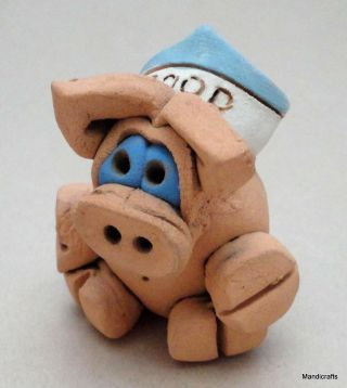 House Of Pig Figurine 2in Piggy With Food Hat Art Pottery Canada Natural Clay