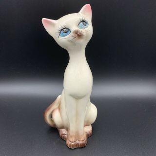 Vintage Ceramic Mid Century Siamese Cat Figurine Blue Eyes