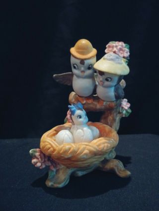Vintage Porcelain Bluebird Nest Family Figurine Mother Father Baby Bird Blue