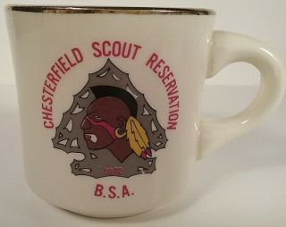 Boy Scout Chesterfield Reservation Coffee Mug 1972 Arrowhead Indian Profile