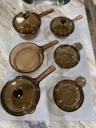 Vintage Corning Pyrex Vision Ware Amber Glass Cookware 11 Pc Set Pots And Pans