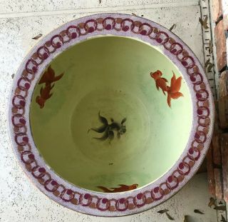 Vintage Chinese Hand Painted Floral Planter/bowl With Koi Fish Inside "