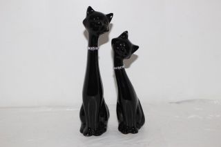 Vintage Pair Mid - Century Long Neck Siamese Cat Figurines - Black
