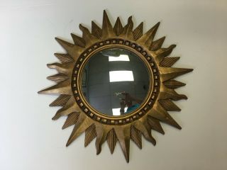 Vintage Midcentury Gold Gilt Wood Sunburst Convex Mirror