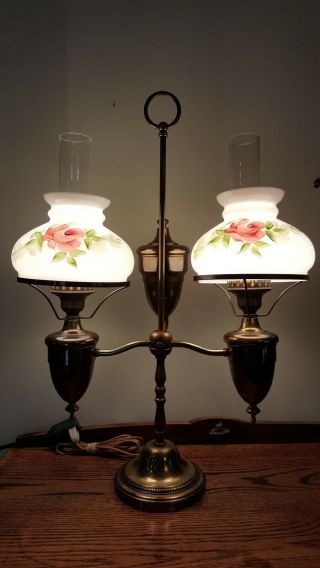 Vintage Double Heavy Brass Student Lamp Cabbage Rose Milkglass Shades 25.  5 " Tall