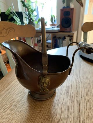 Small Vintage Copper/brass Coal Scuttle Lion Head Accents Delft Ceramic Handle