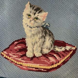 Vintage Cat Kitten With Bow On Pillow Bed Needlepoint 13” Open Velveteen Back